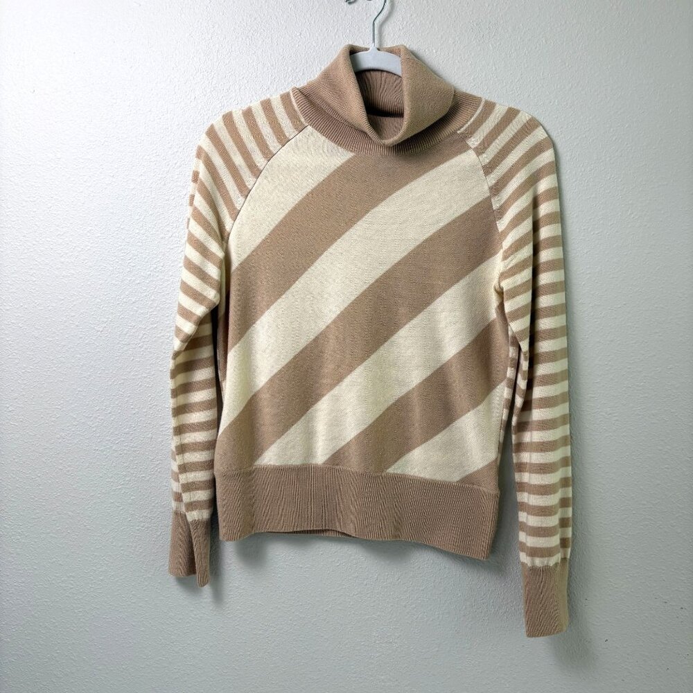 Banana Republic Turtleneck Sweater‎ Women Size M Tan Ivory Stripes Merino Wool